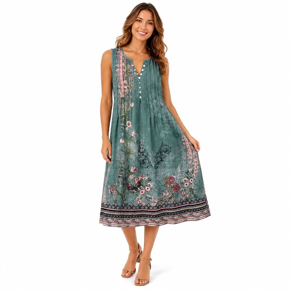 Floral Boho Midi Dress Sage Green Cottagecore Sleeveless Romantic Artsy NWT